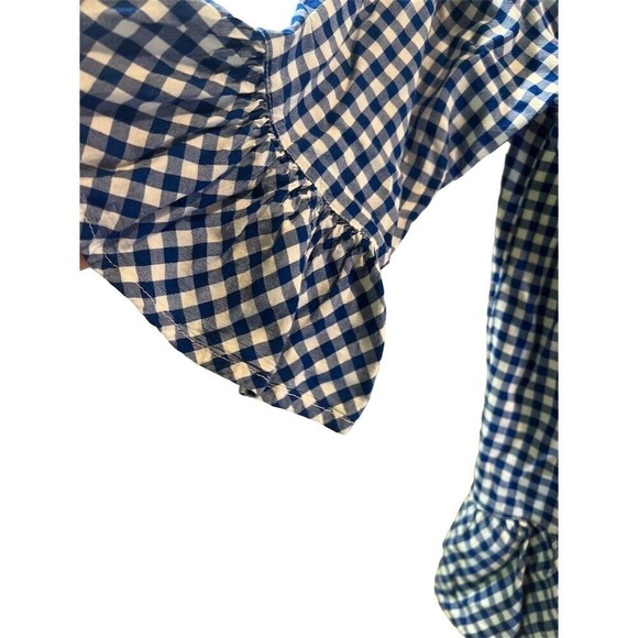 Beach Lunch Lounge Women's Medium Blue Gingham Blouse 3/4 Sleeve ruffle - Picture 3 of 12